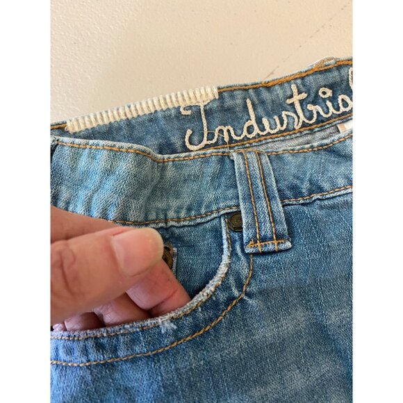 Industrial Cotton Distressed Denim Mini Skirt Embroidered Detail Frayed Hem Sz 5 - Picture 7 of 10